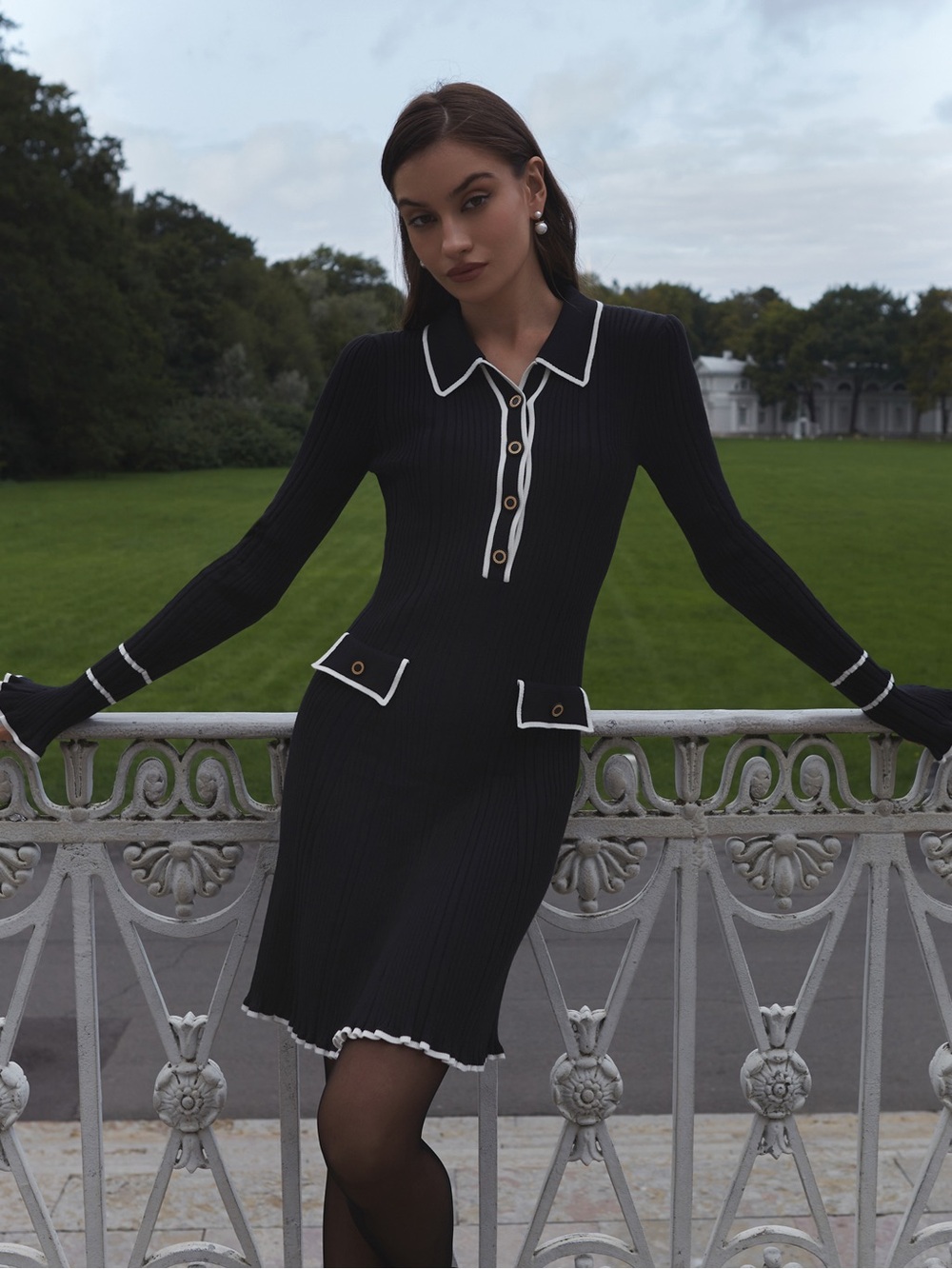 Black Long-Sleeve Ribbed Knit Dress with Contrast Trim